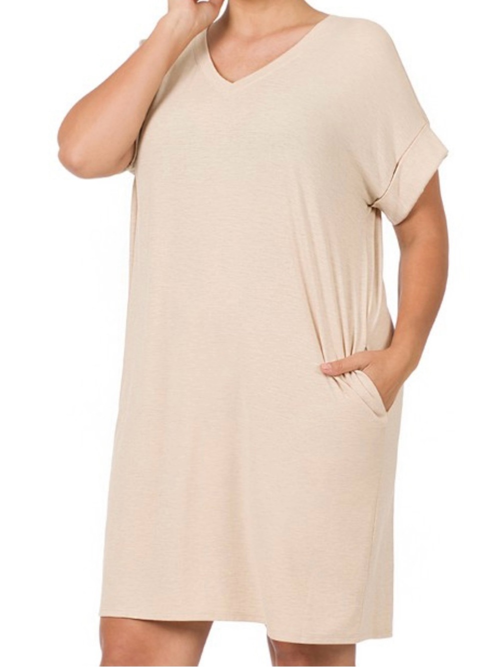 Plus Size Heather Beige V-Neck Short Sleeve Pocket Dress